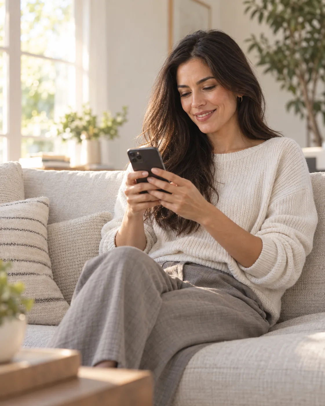 A woman using her phone while relaxing at home