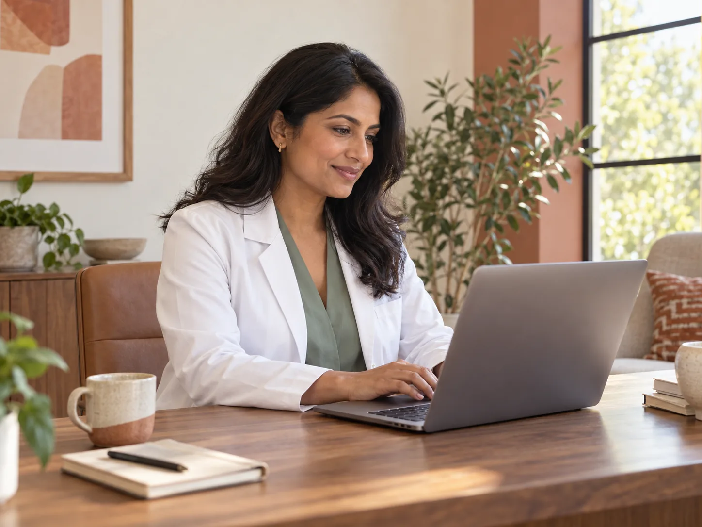 A clinician at her laptop in a warm, sunlit room